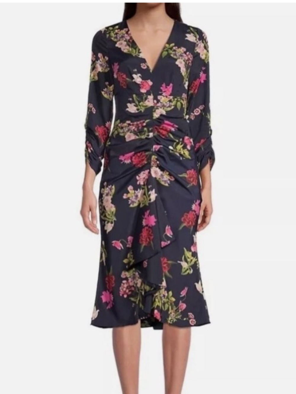 Eliza J Navy Floral Ruched Midi Dress. Light material